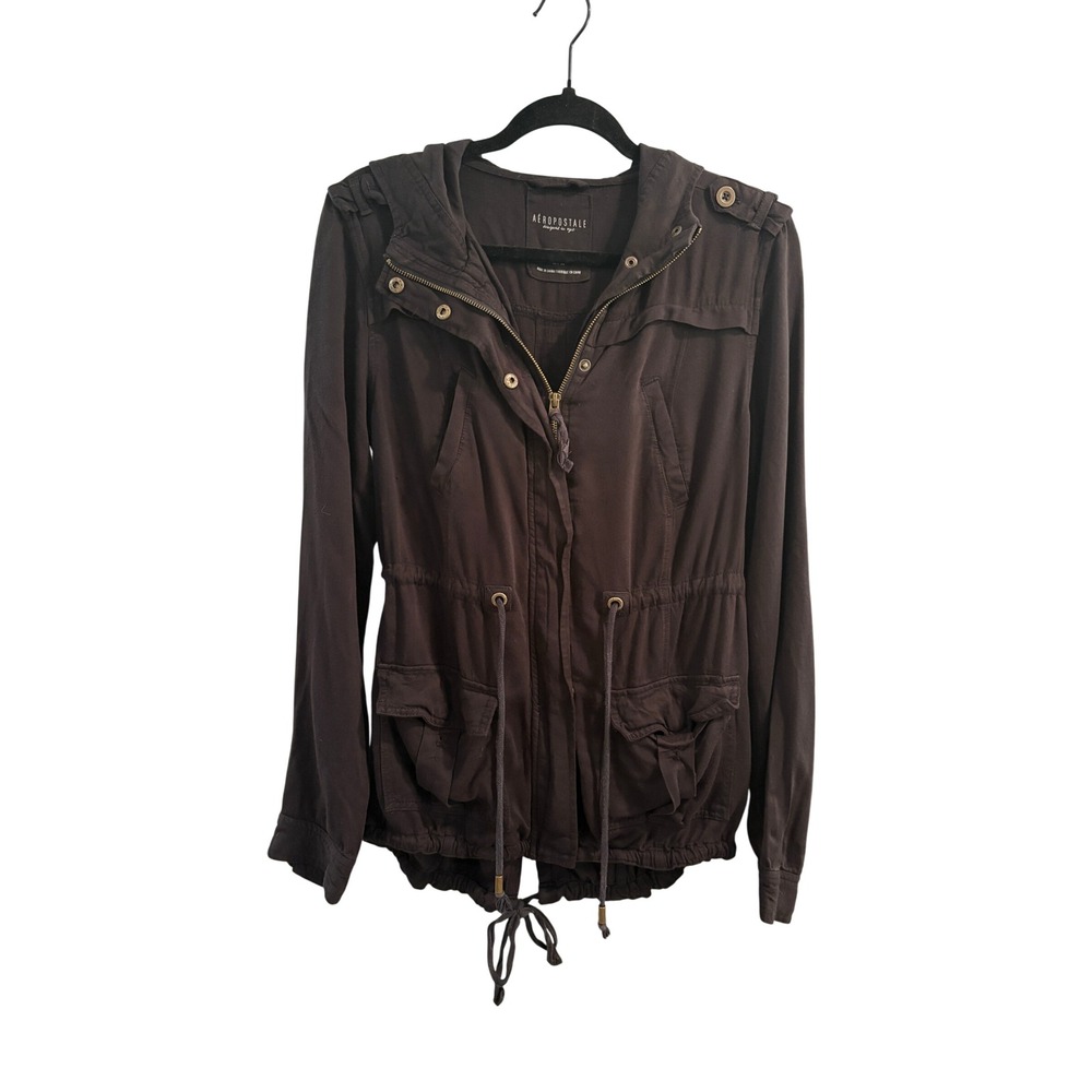 Aeropostale Black Utility Anorak Jacket Hooded Drawstring‎ Waist Rayon Size M